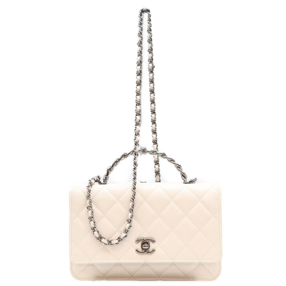 CHANEL AP3566 White Lambskin Silver Hardware Chain Top Handle Wallet Shoulder...